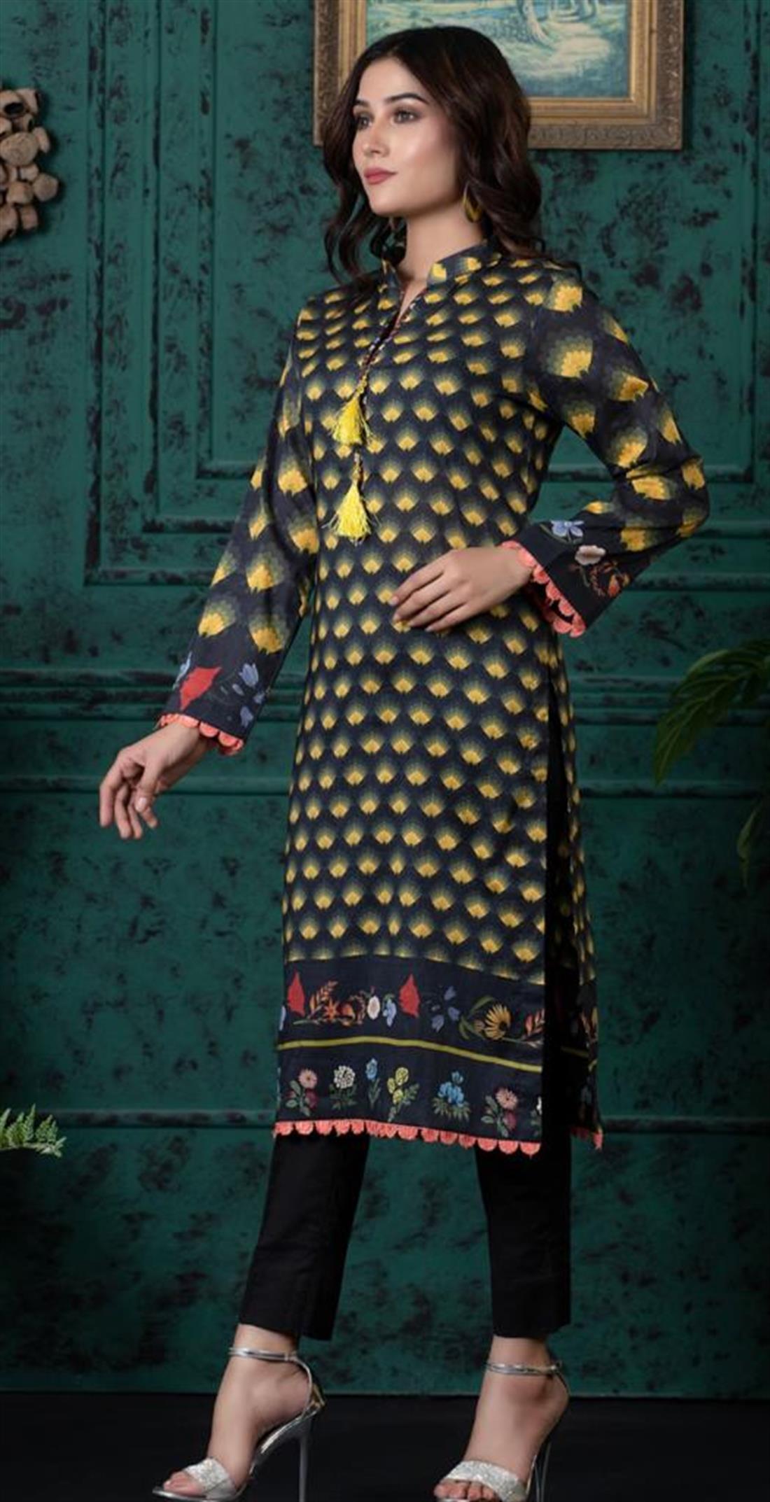 Grey & Yellow Grey/Yellow Digital Printed Lawn Embroidered Kurta