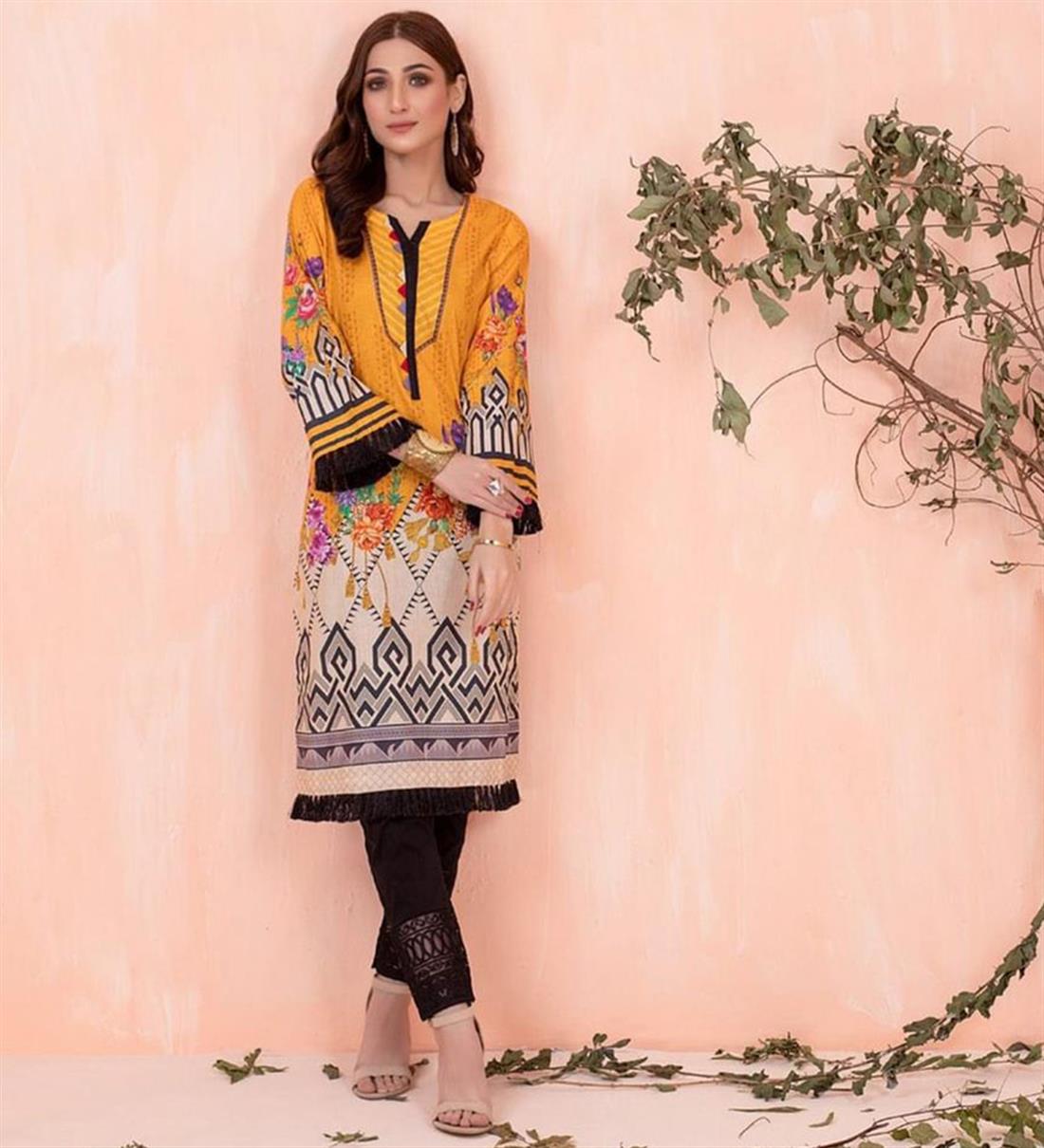 Orange 1 PC Digital Printed Lawn Embroidered Kurta