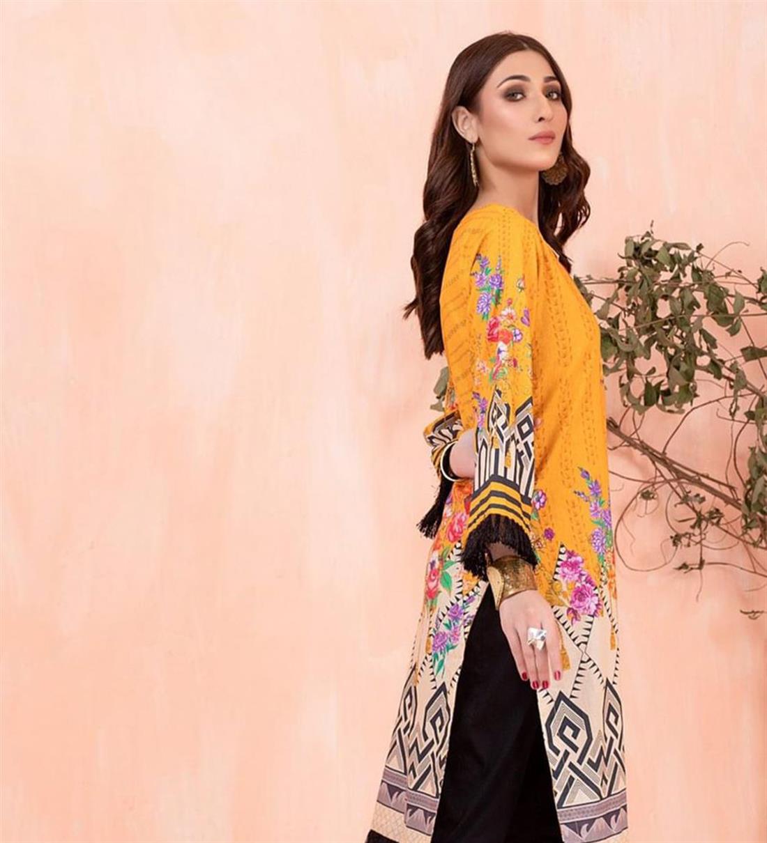 Orange 1 PC Digital Printed Lawn Embroidered Kurta