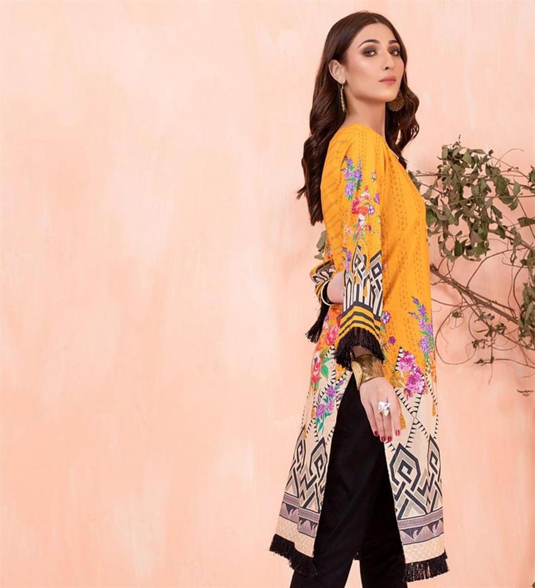 Orange 1 PC Digital Printed Lawn Embroidered Kurta