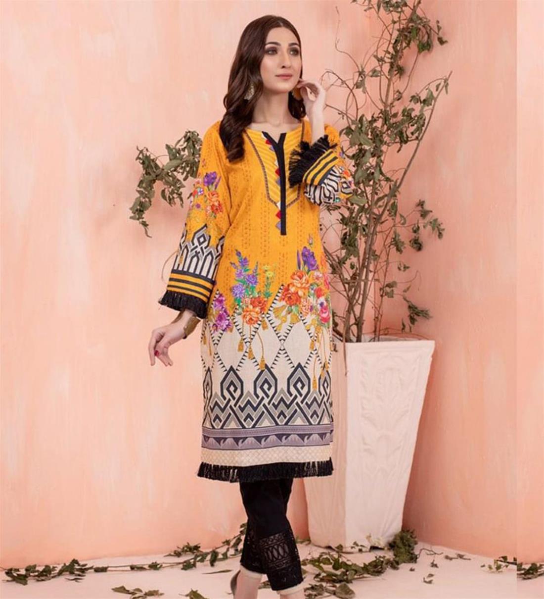 Orange 1 PC Digital Printed Lawn Embroidered Kurta