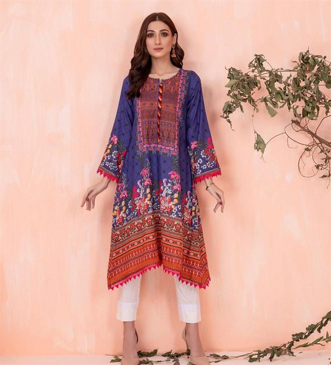 Royal Blue Digital Printed Lawn Embroidered Kurta