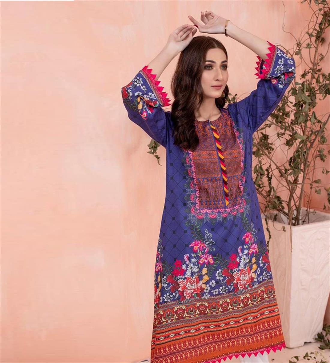 Royal Blue Digital Printed Lawn Embroidered Kurta