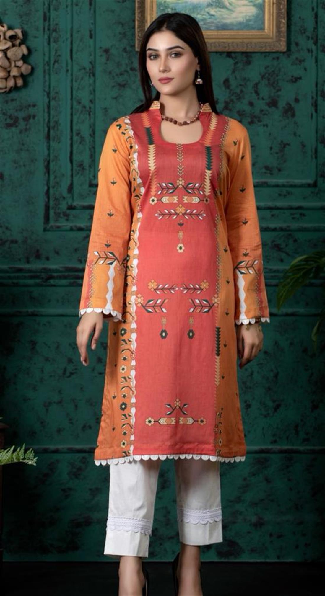 Burnt Orange Digital Printed Lawn Embroidered Kurta