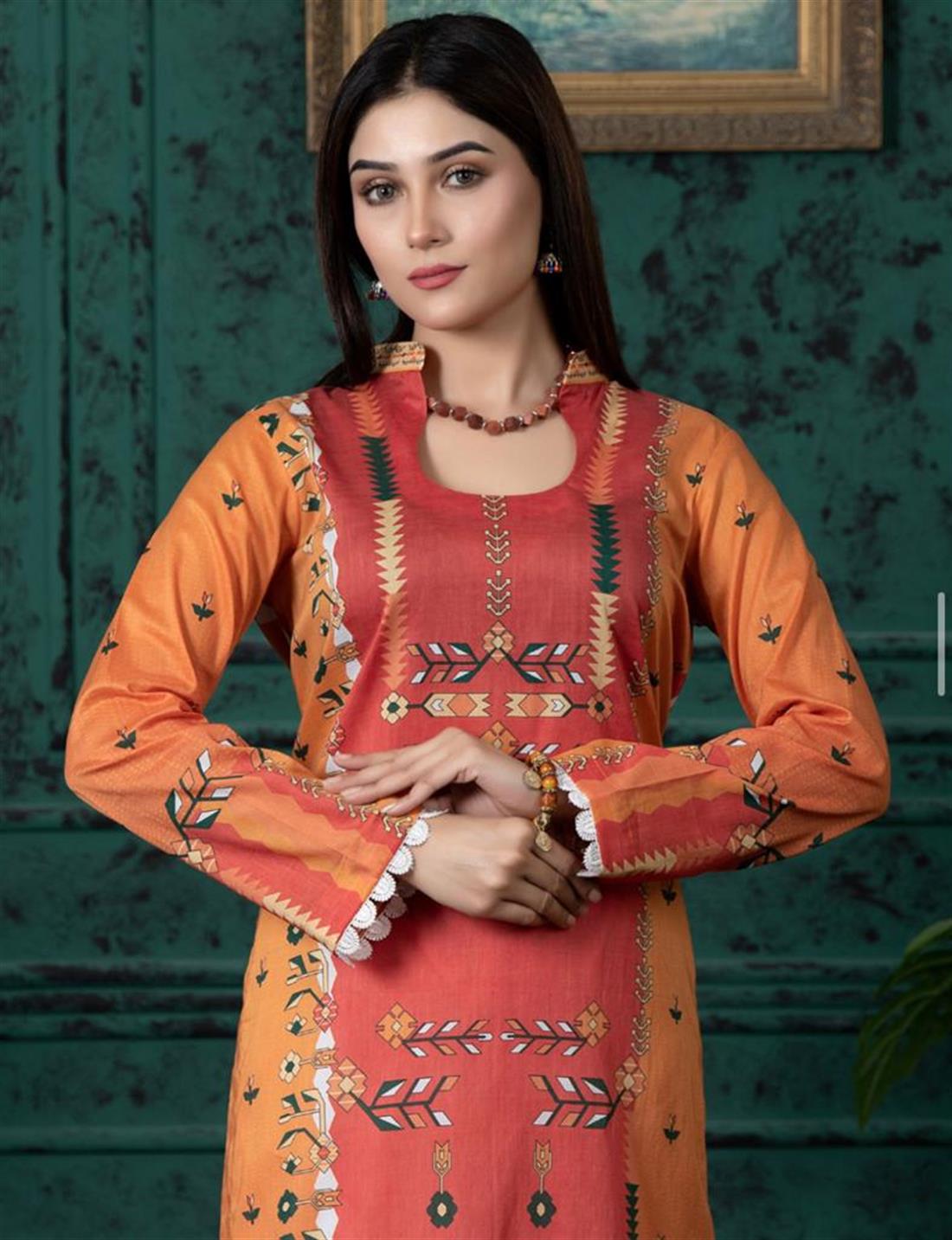 Burnt Orange Digital Printed Lawn Embroidered Kurta