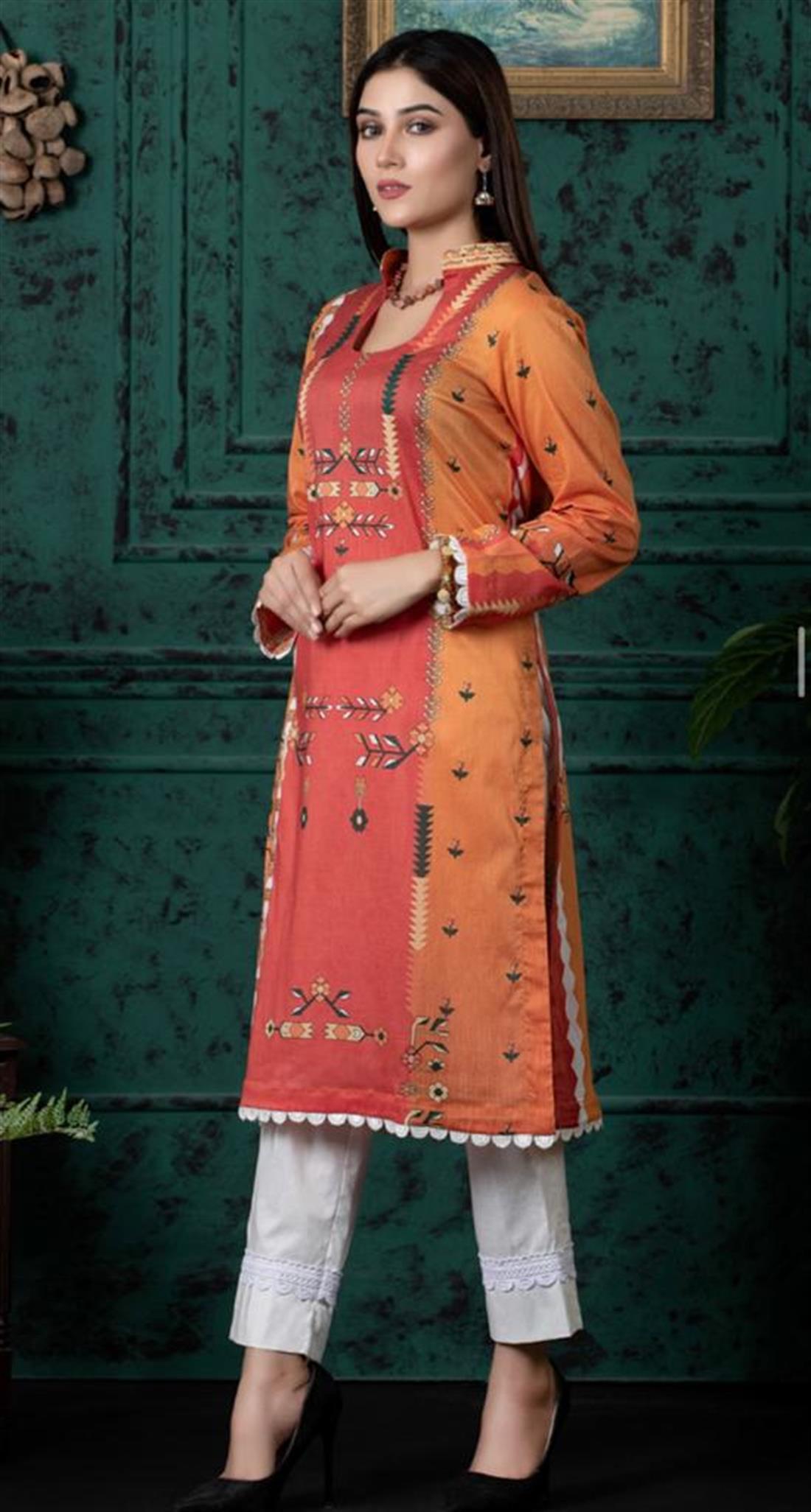 Burnt Orange Digital Printed Lawn Embroidered Kurta