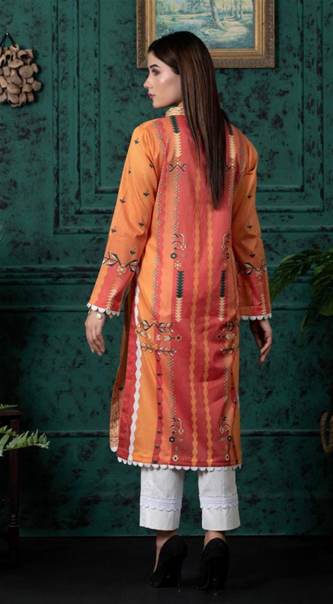 Burnt Orange Digital Printed Lawn Embroidered Kurta