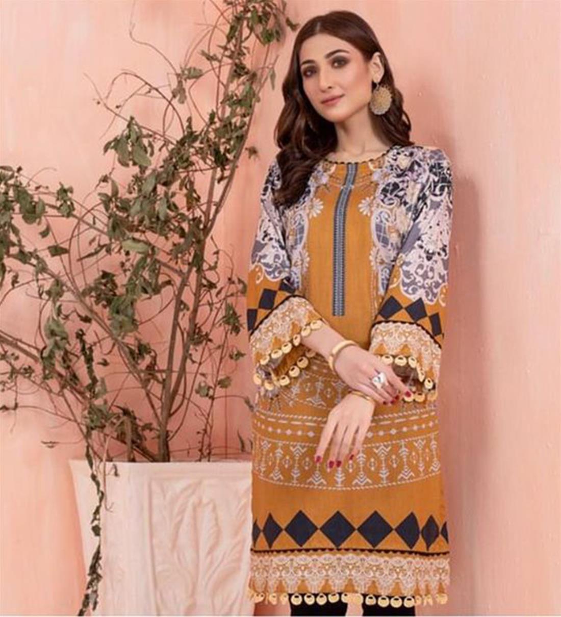 Brown & Multicolour Brown/Multicolour Digital Printed Lawn Embroidered Kurta