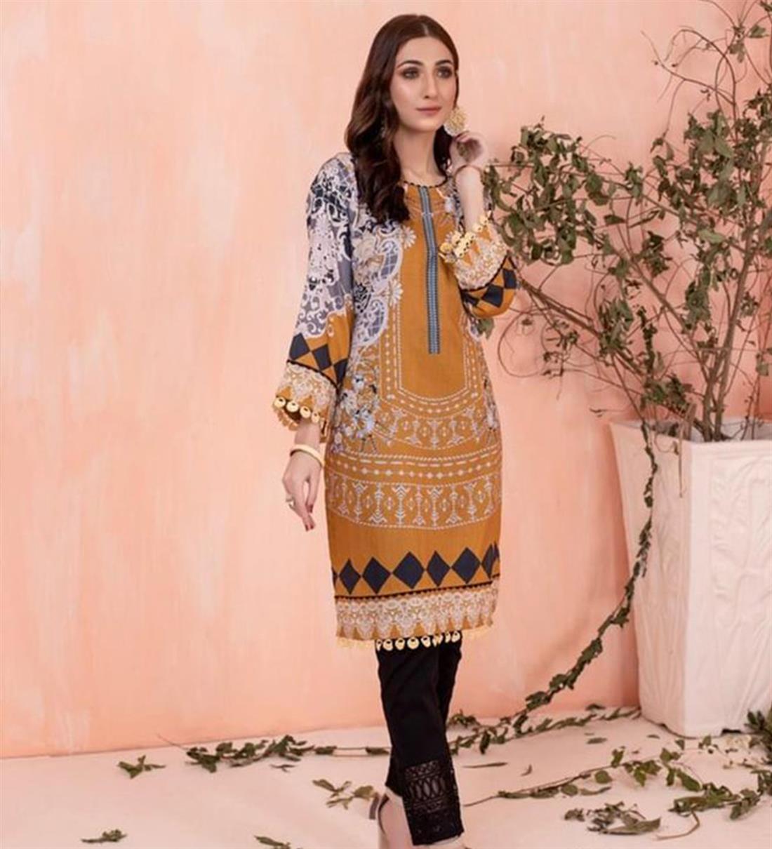 Brown & Multicolour Brown/Multicolour Digital Printed Lawn Embroidered Kurta