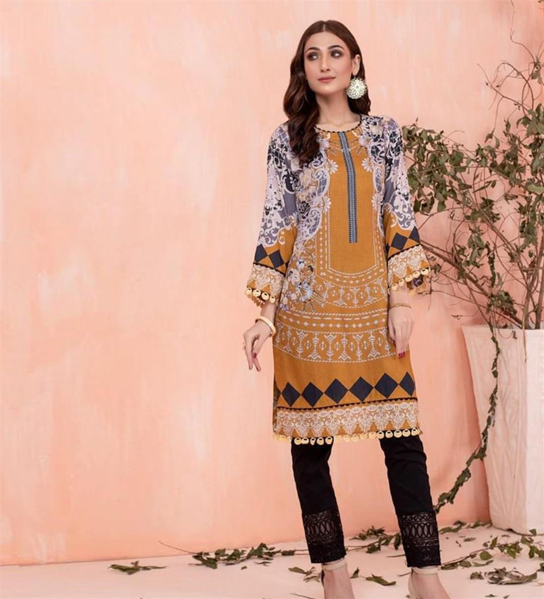 Brown & Multicolour Brown/Multicolour Digital Printed Lawn Embroidered Kurta