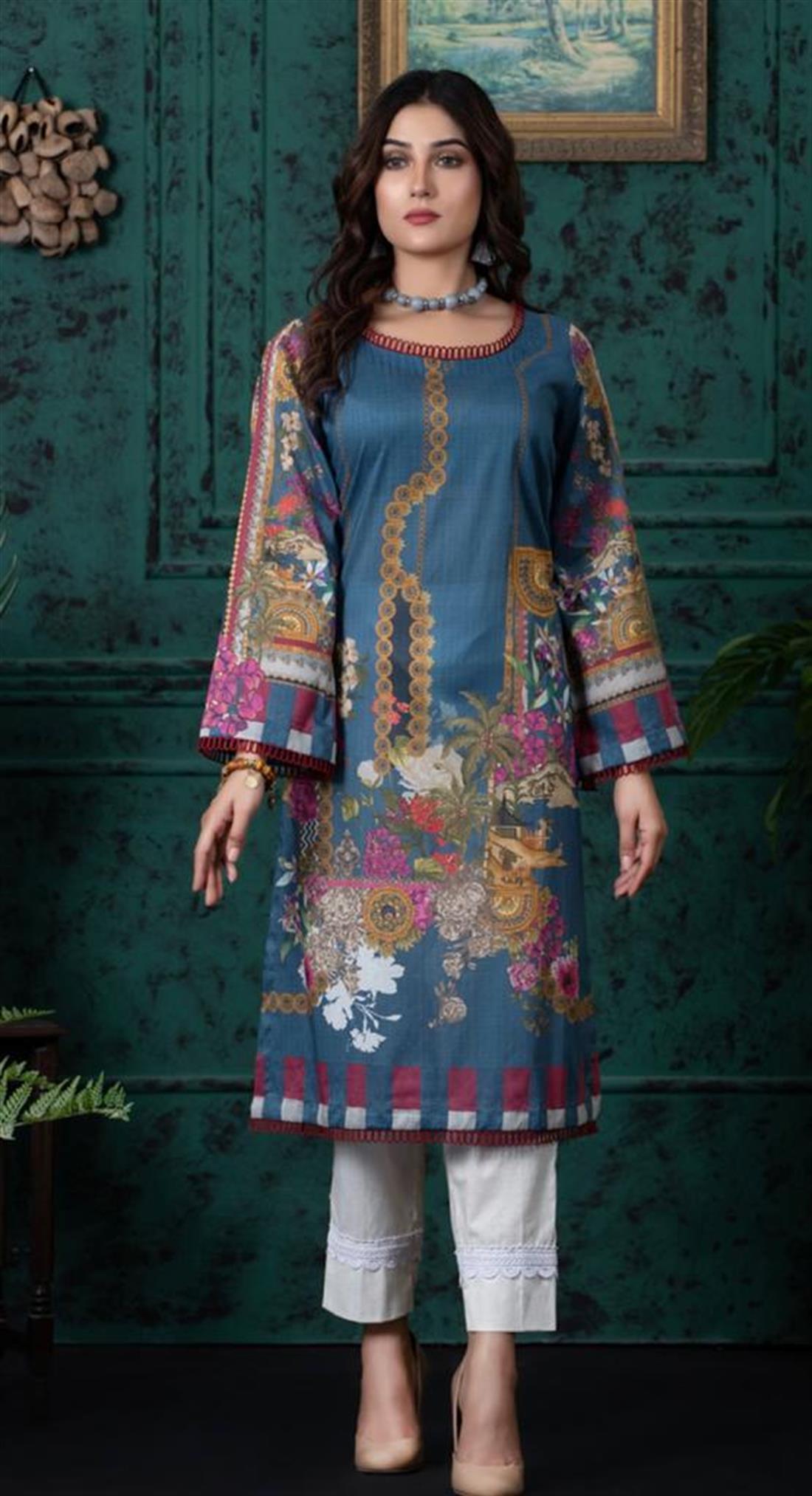 Denim Blue Digital Printed Lawn Embroidered Kurta