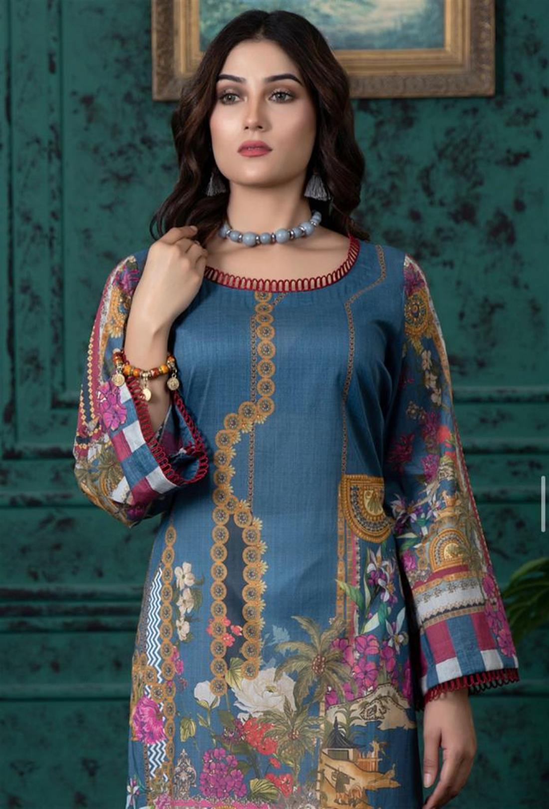 Denim Blue Digital Printed Lawn Embroidered Kurta