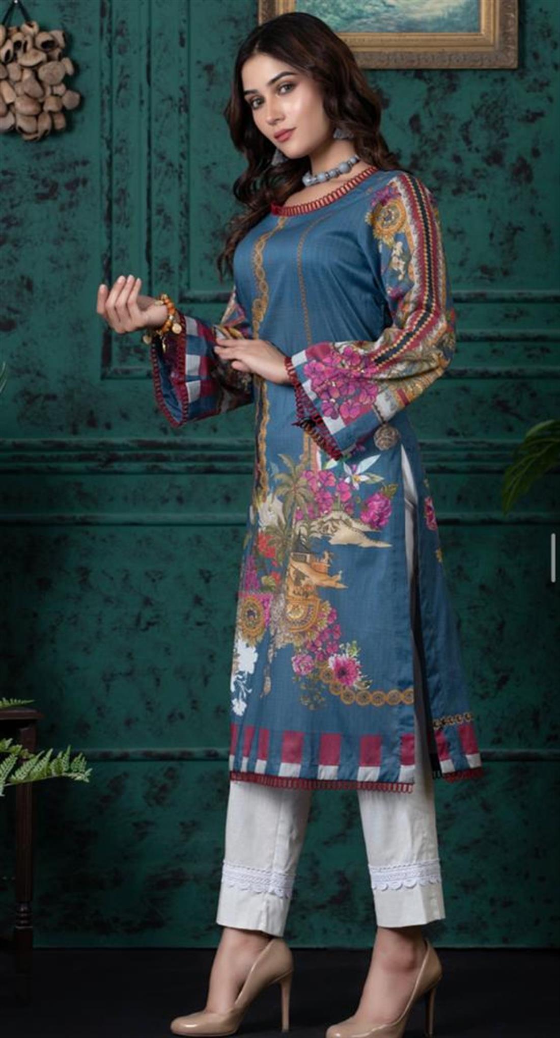 Denim Blue Digital Printed Lawn Embroidered Kurta