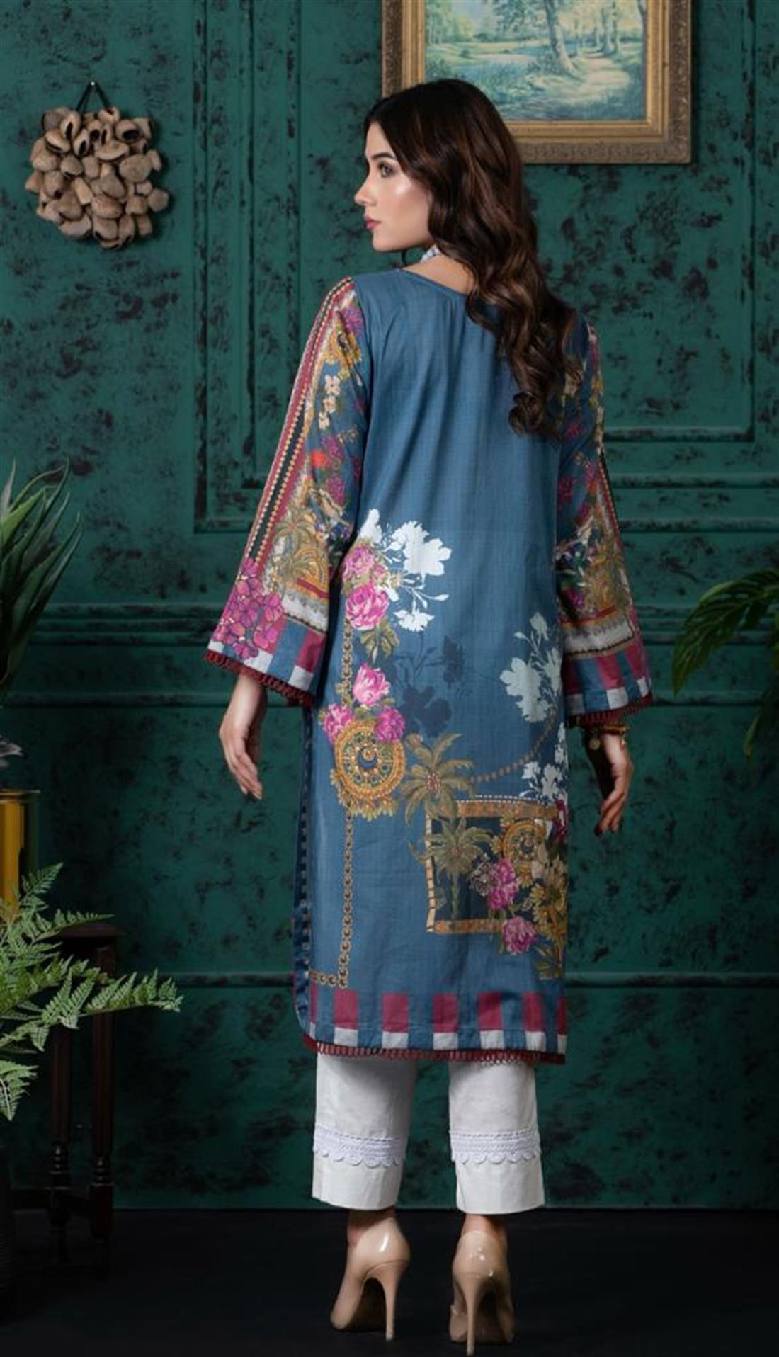 Denim Blue Digital Printed Lawn Embroidered Kurta