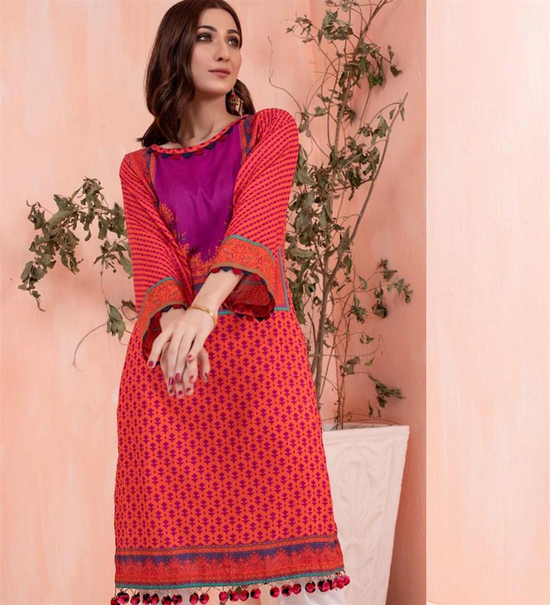 Brick Red Digital Printed Lawn Embroidered Kurta