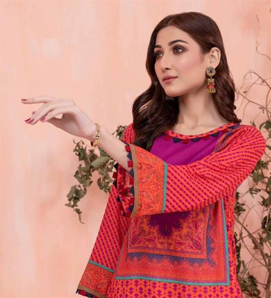 Brick Red Digital Printed Lawn Embroidered Kurta