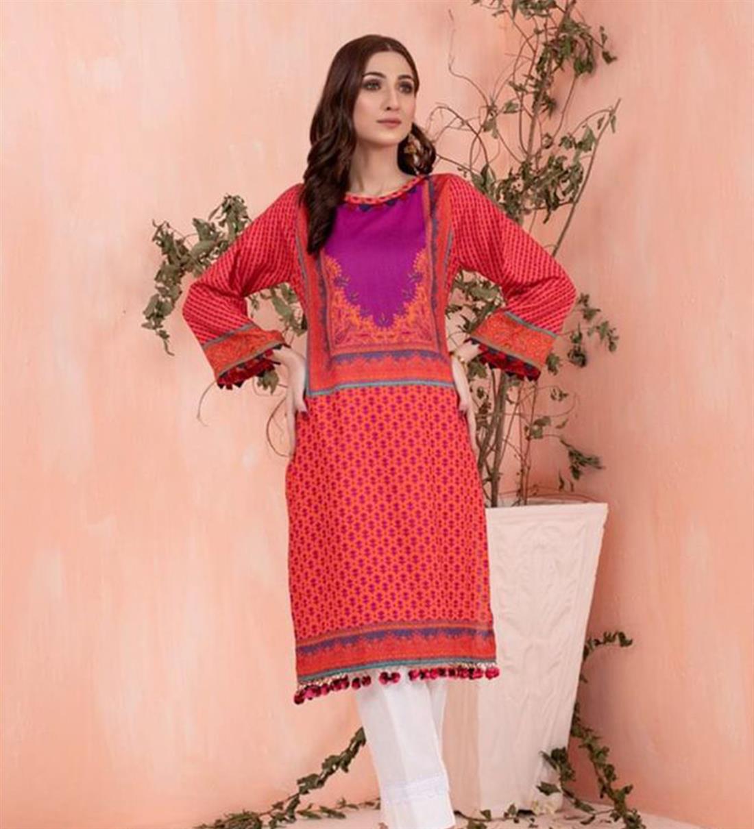 Brick Red Digital Printed Lawn Embroidered Kurta