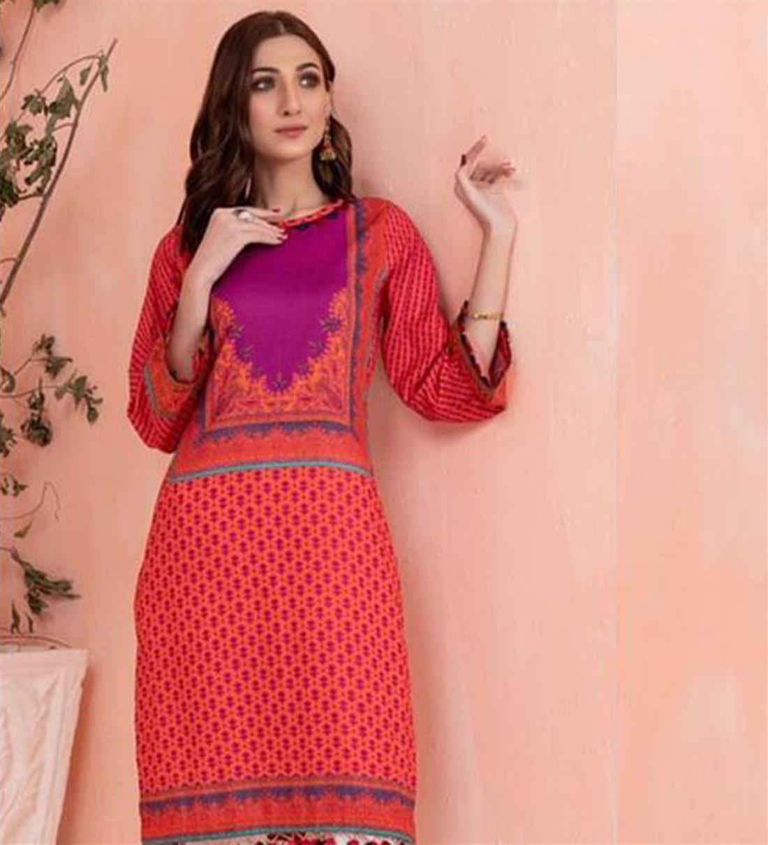 Brick Red Digital Printed Lawn Embroidered Kurta