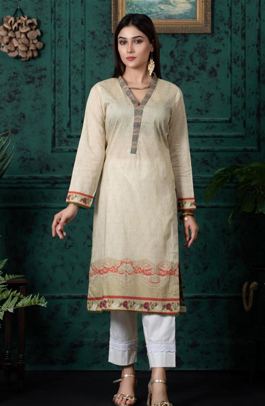Cream Digital Printed Lawn 1 PC Embroidered Kurta
