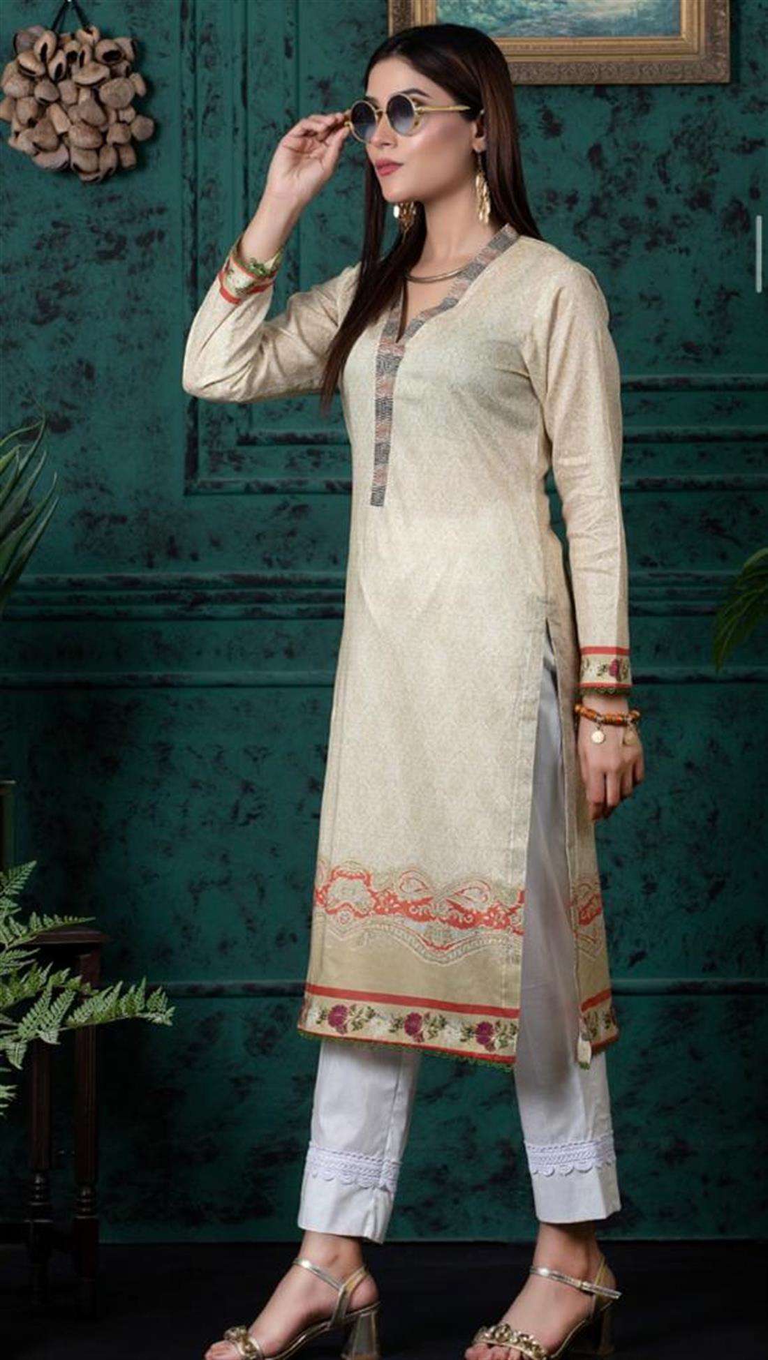Cream Digital Printed Lawn 1 PC Embroidered Kurta
