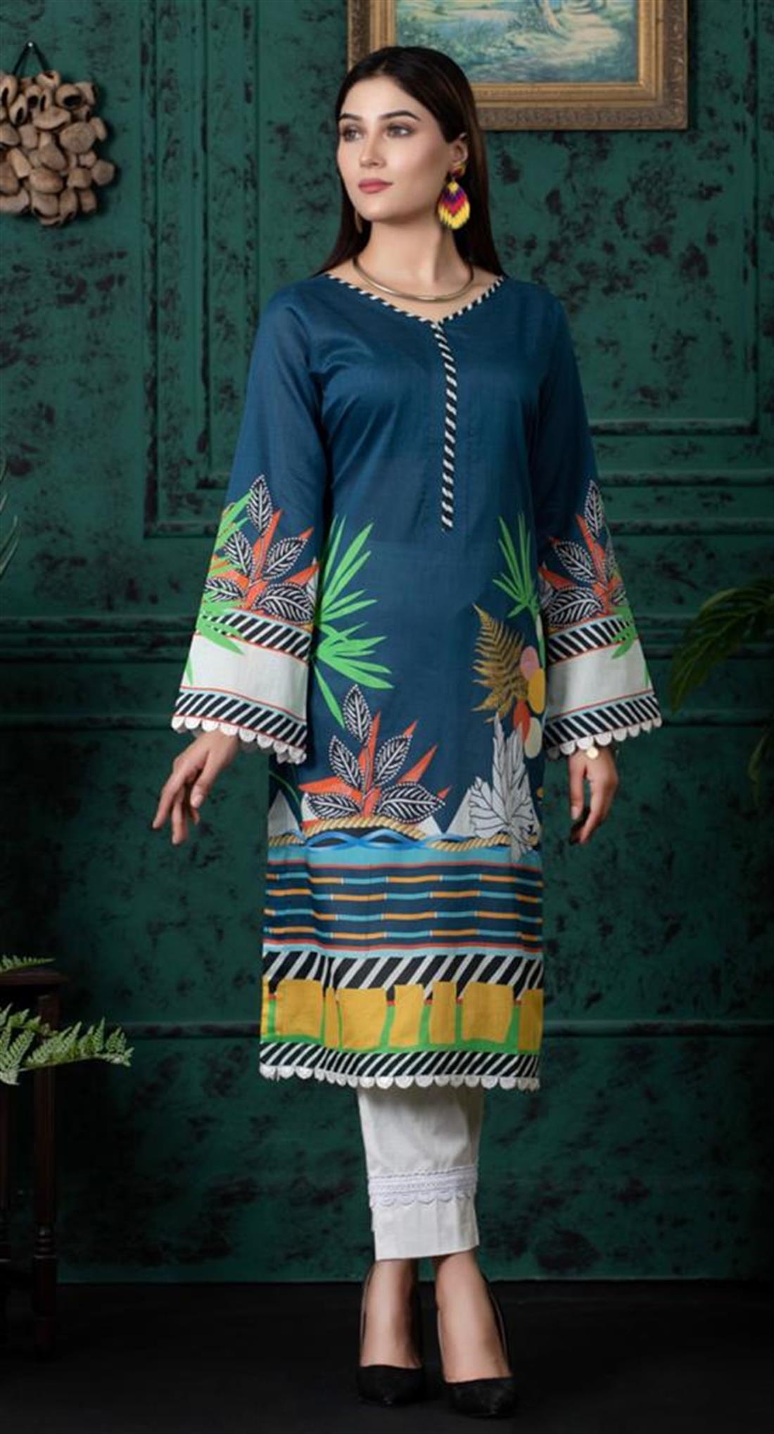 Blue & Multicolour Digital Print Lawn Ladies Tunics and Kurta