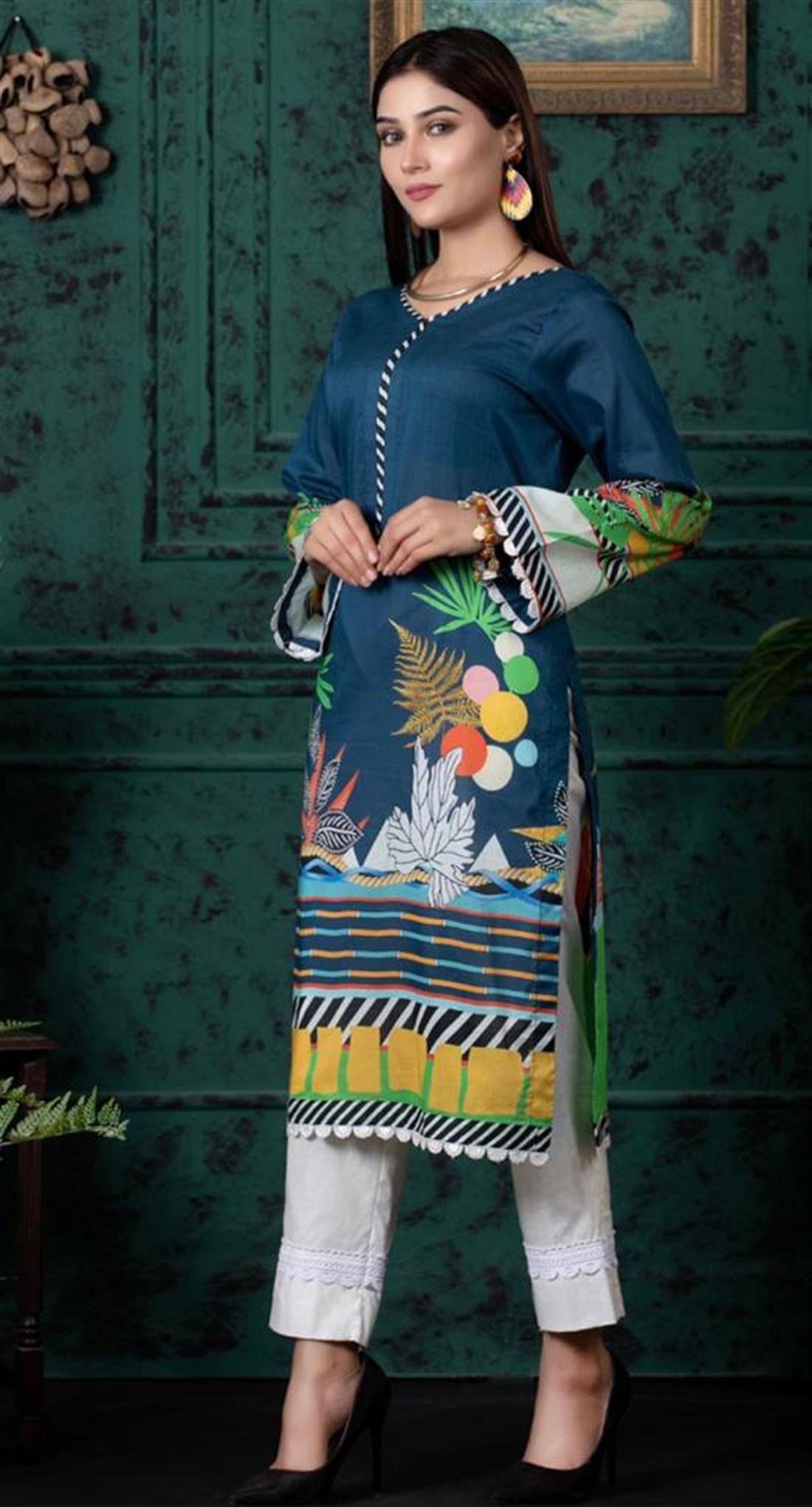 Blue & Multicolour Digital Print Lawn Ladies Tunics and Kurta