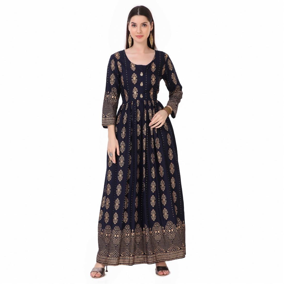 Navy Blue 1 PC Women Polka Print Rayon Flared Kurta