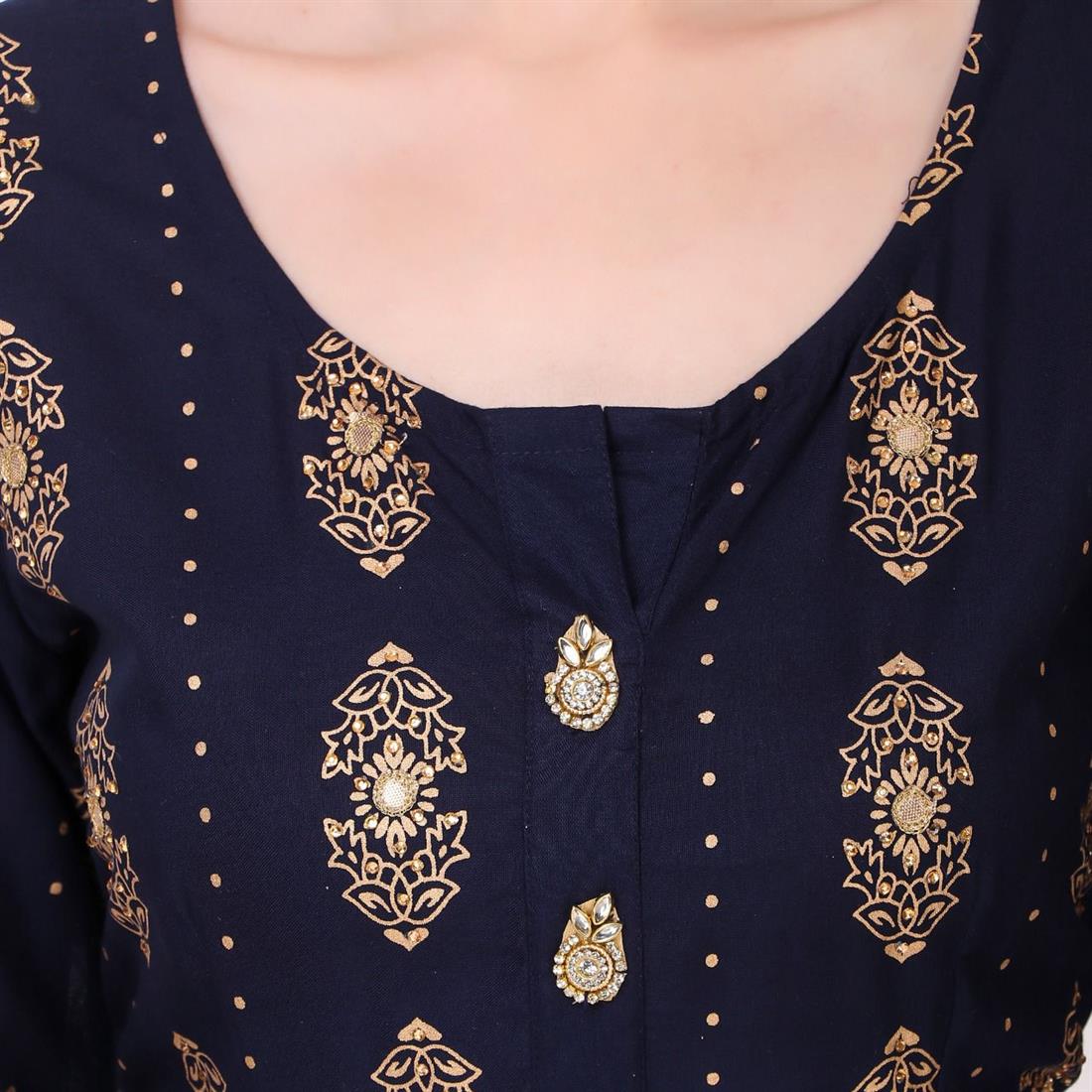 Navy Blue 1 PC Women Polka Print Rayon Flared Kurta