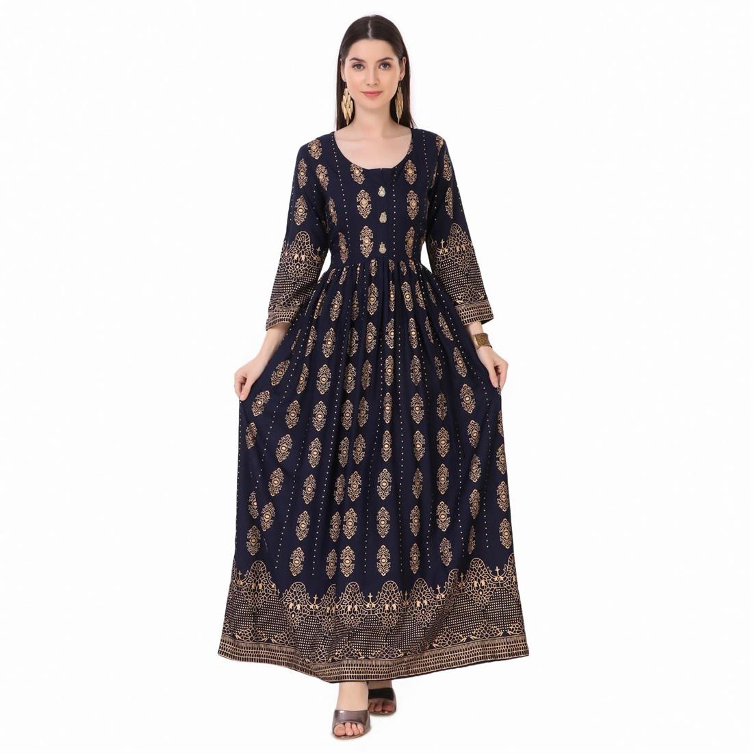 Navy Blue 1 PC Women Polka Print Rayon Flared Kurta