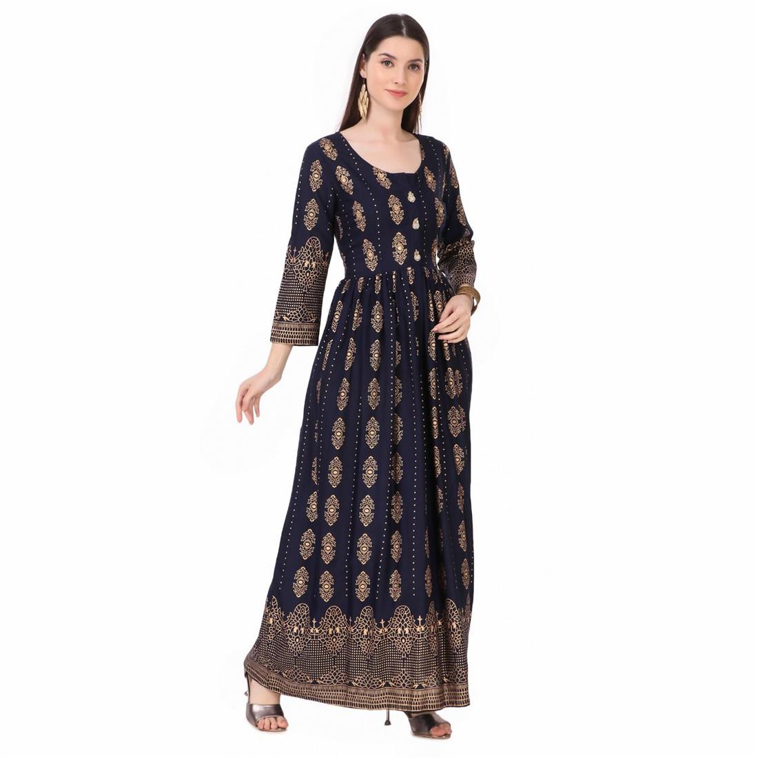 Navy Blue 1 PC Women Polka Print Rayon Flared Kurta