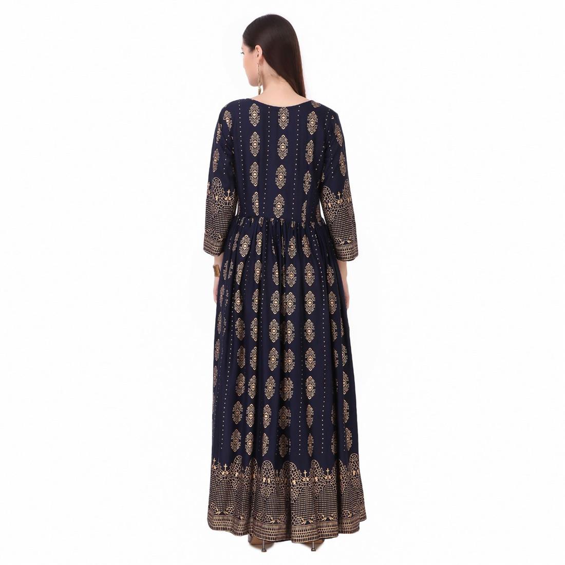Navy Blue 1 PC Women Polka Print Rayon Flared Kurta