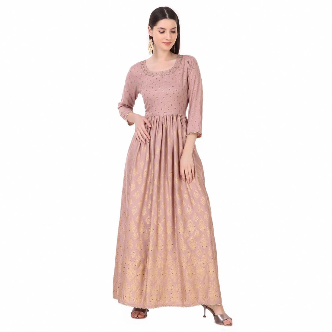 Dusty Pink Off White 1 PC Women Polka Print Rayon Flared Kurta