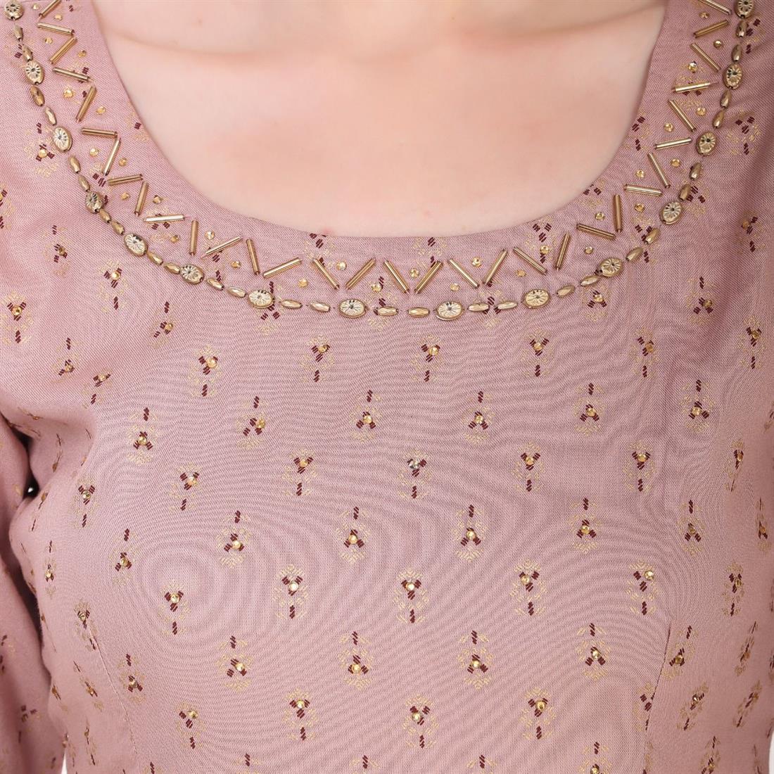 Dusty Pink Off White 1 PC Women Polka Print Rayon Flared Kurta