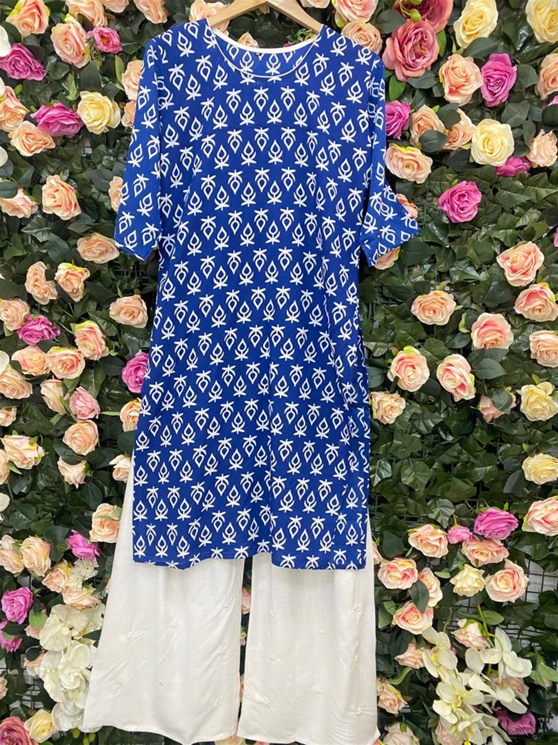 Blue & White Palazzo Red/White 2 Piece Readymade Kurta & Plazzo Trouser