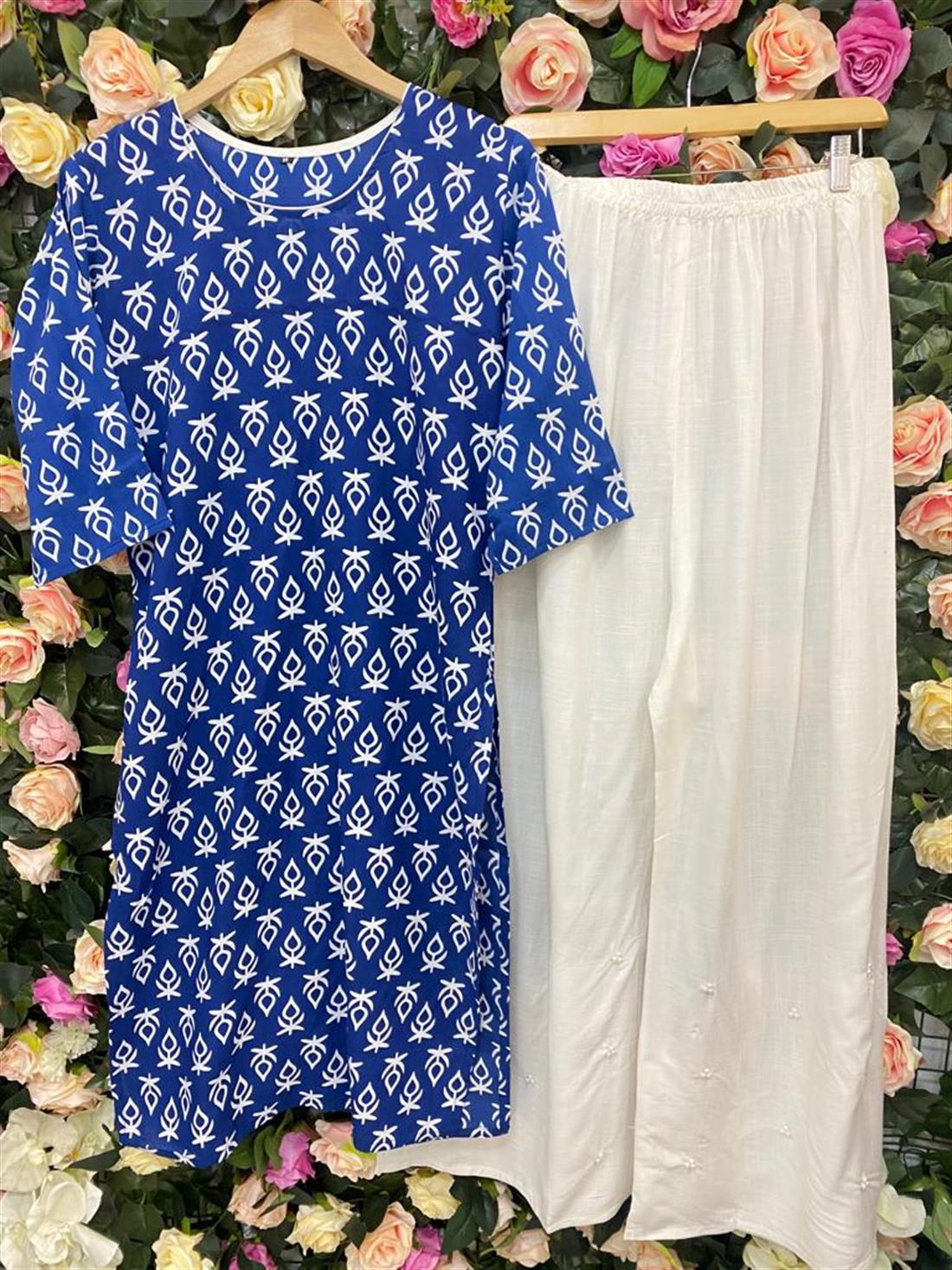 Blue & White Palazzo Red/White 2 Piece Readymade Kurta & Plazzo Trouser