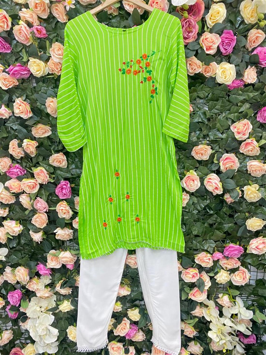 Green & White Green/White 2 Piece Readymade Kurta & Plazzo Trouser