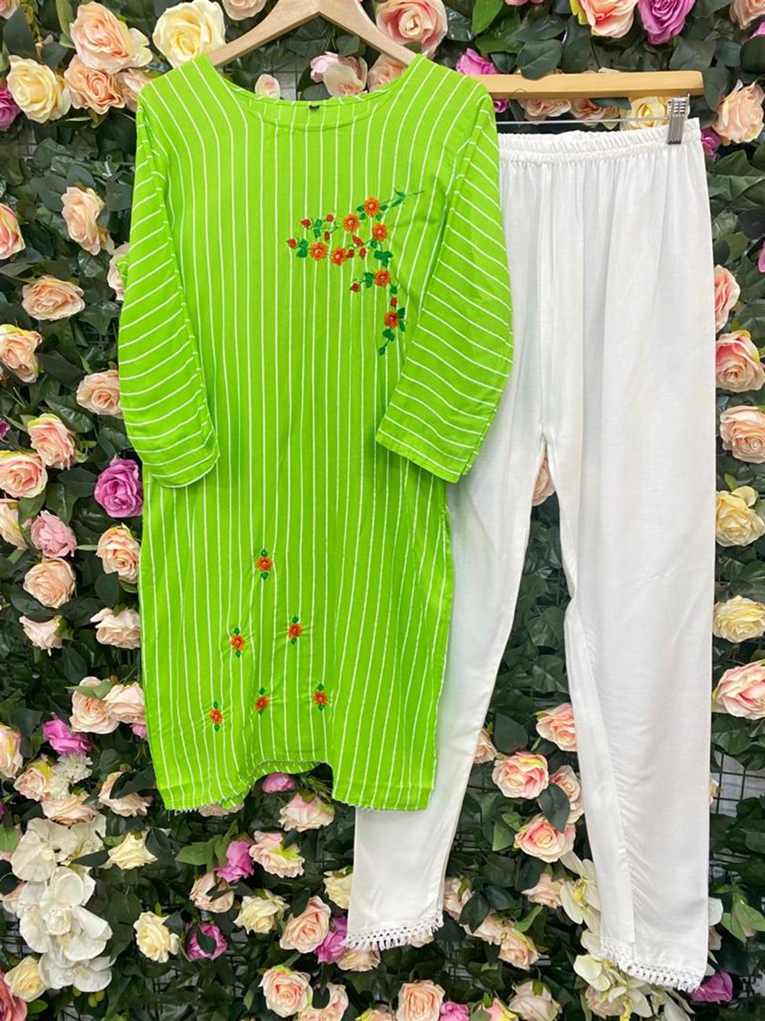 Green & White Green/White 2 Piece Readymade Kurta & Plazzo Trouser