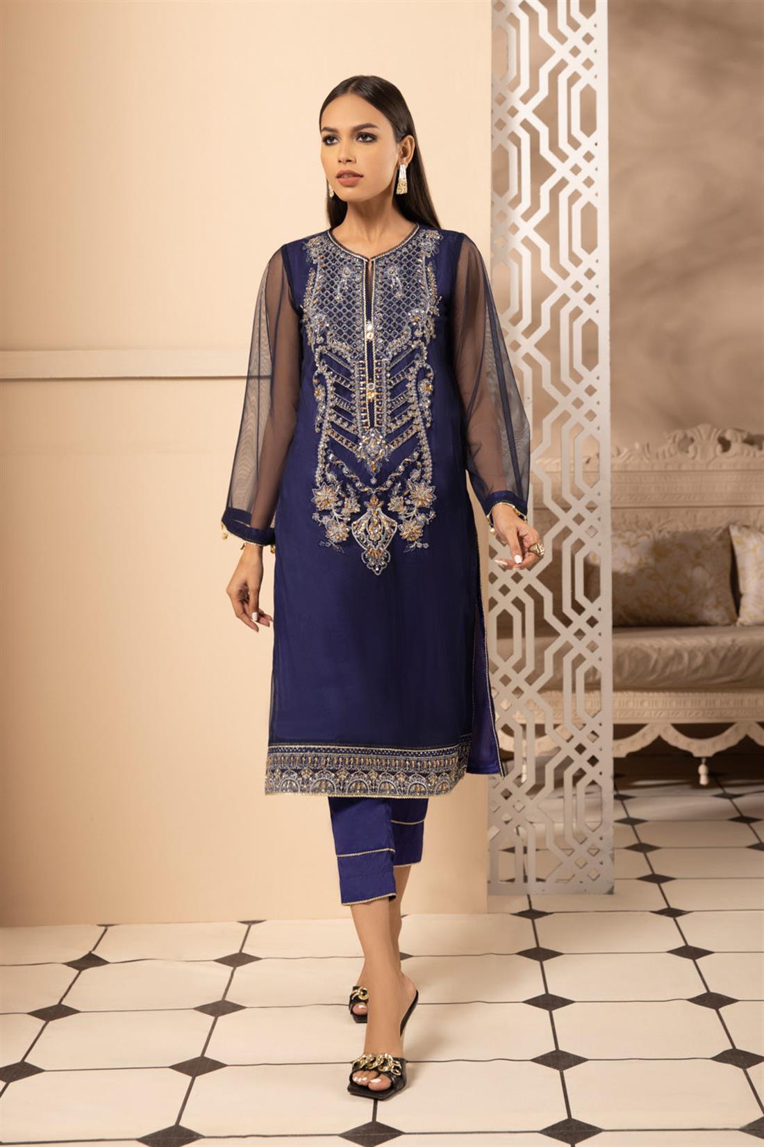 Navy Blue 1 PC Readymade Embroidered Net Shirt