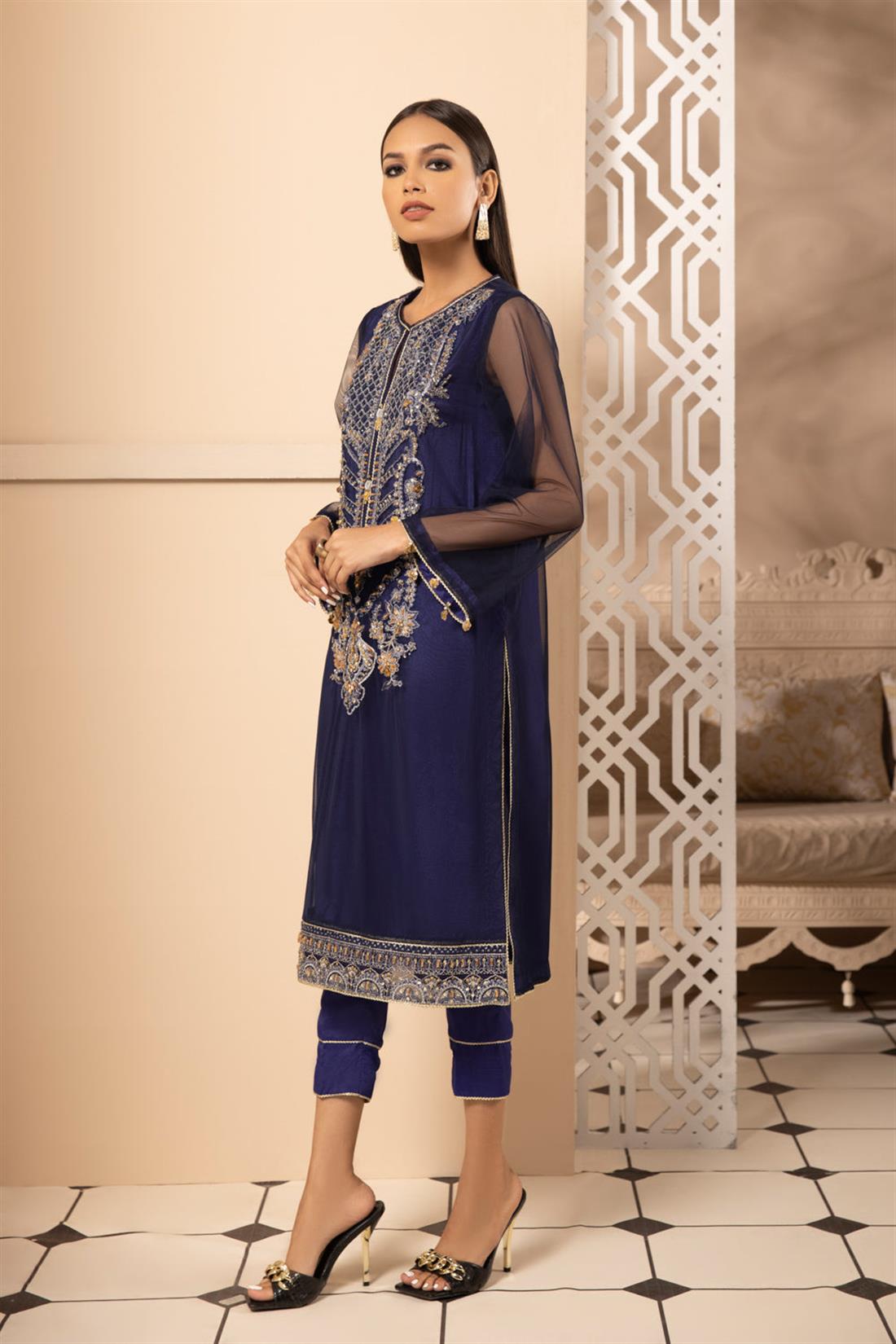 Navy Blue 1 PC Readymade Embroidered Net Shirt