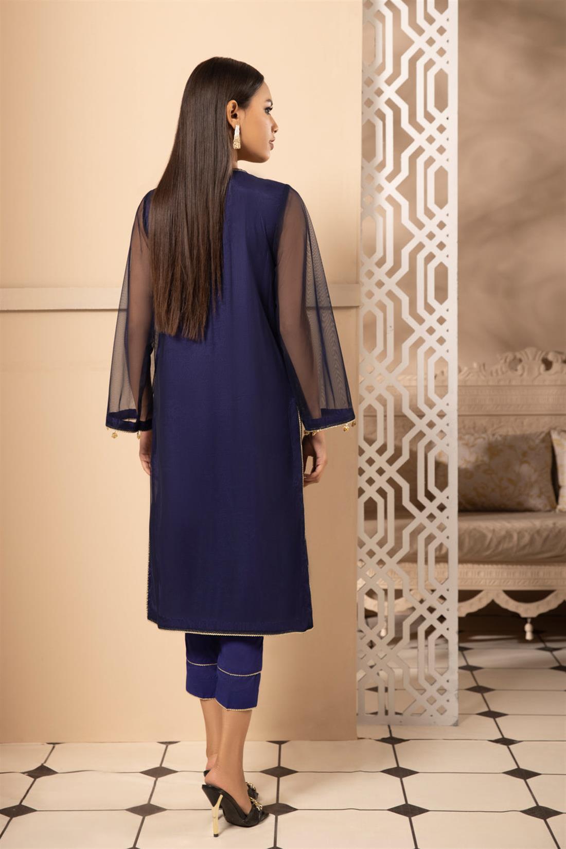 Navy Blue 1 PC Readymade Embroidered Net Shirt