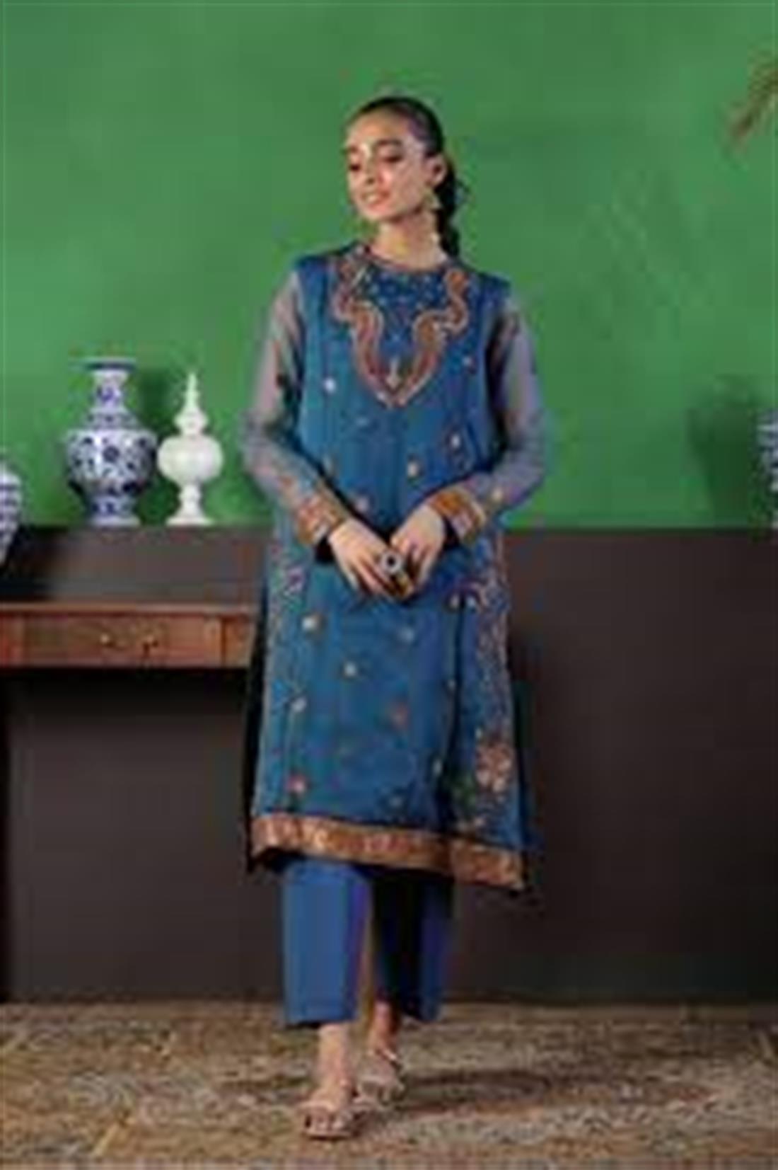 Teal A-Line 1 PC Embroidered Read to Wear Tissue Shirt