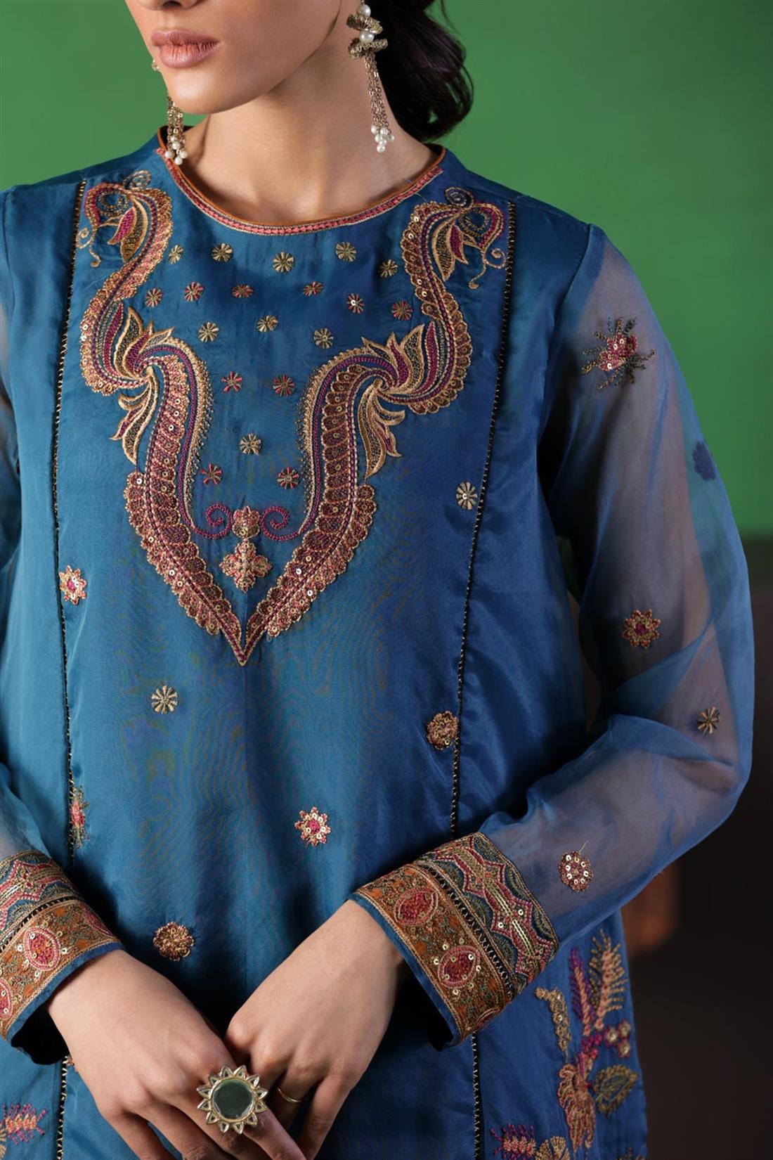 Teal A-Line 1 PC Embroidered Read to Wear Tissue Shirt