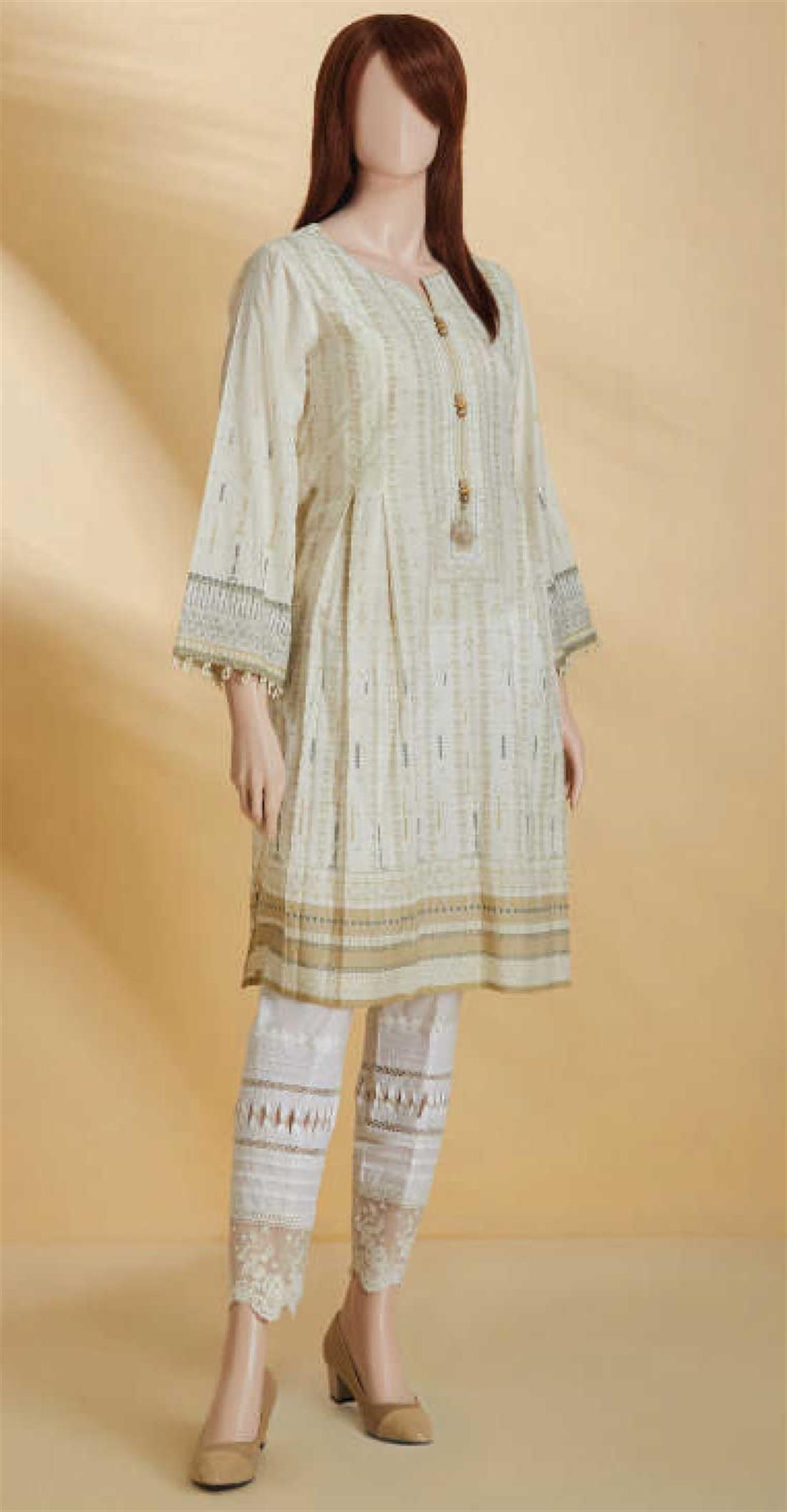 Cream 1 PC Printed Cotton Ladies Readymade Kurta