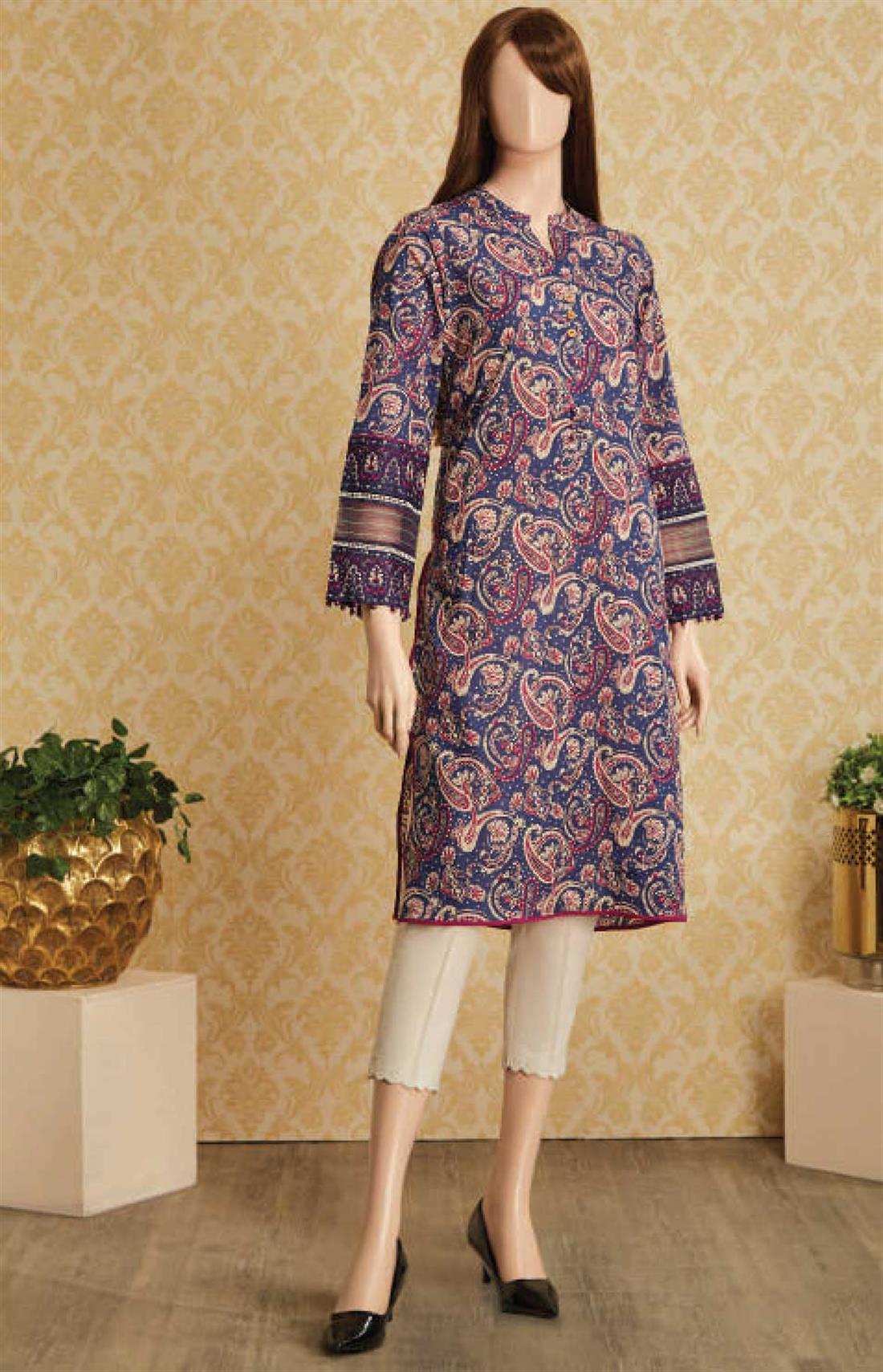 Navy Printed Cotton Kurta with Lace Embroidered