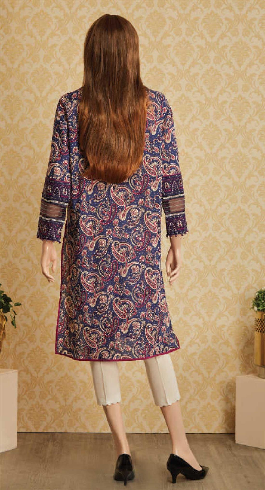 Navy Printed Cotton Kurta with Lace Embroidered