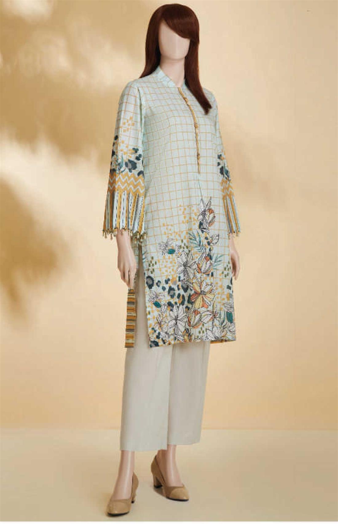 Mint Printed Cotton Kurta with Lace Embroidered