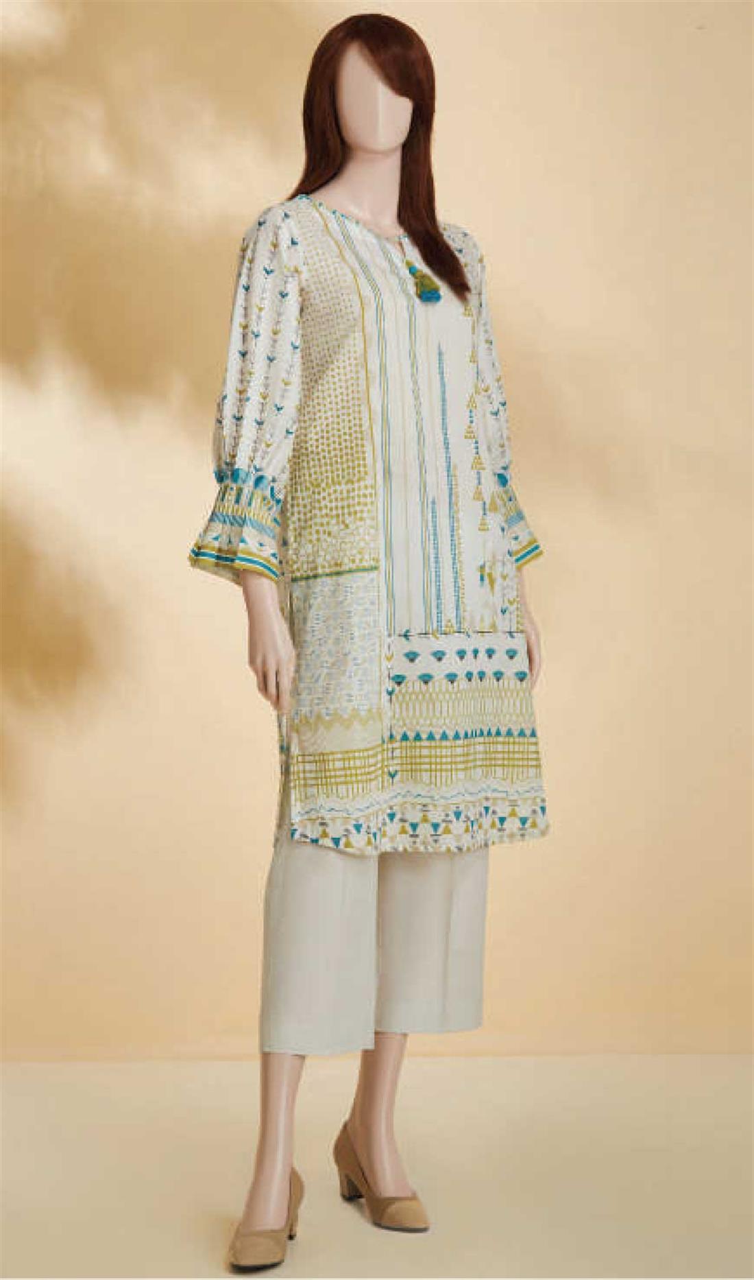 Off White Printed Cotton Ladies Readymade Kurta