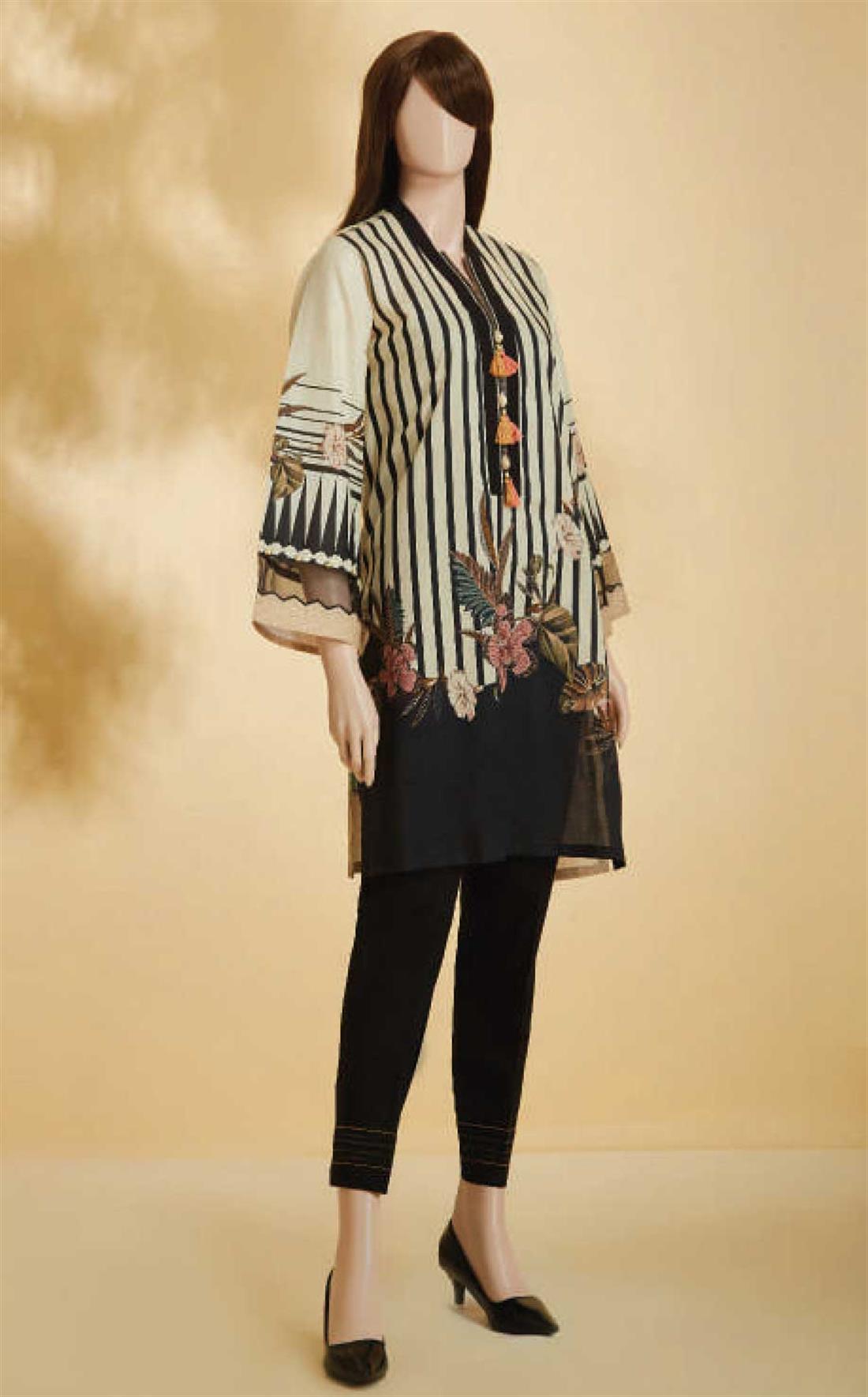 Cream & Black Cream/Black 1 PC Printed Cotton Readymade Kurta