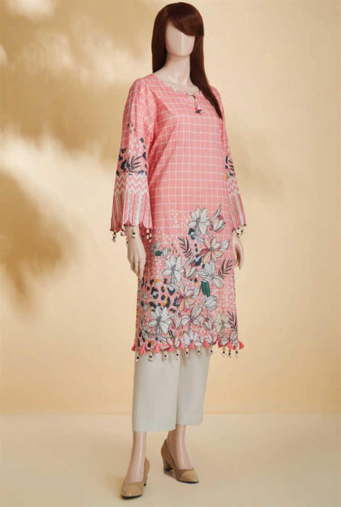 Pink 1 PC Printed Cotton Ladies Readymade Shirt