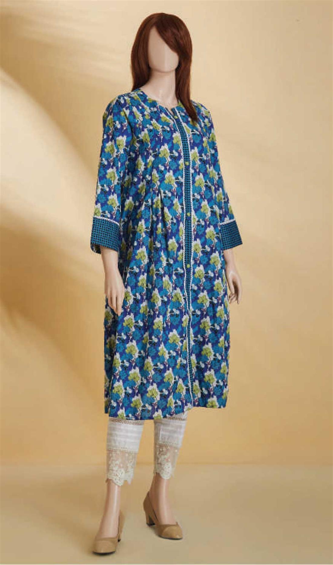 Blue 1 PC Printed Cotton Ladies Readymade Shirt